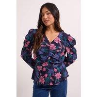 Dorothy Perkins Women's Petite Blue Floral Button Detail Printed Peplum Blouse | Size: 14
