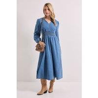 Dorothy Perkins Women's Shirred Waist Long Sleeve Denim Midi Dress in Mid Wash | Size: 10