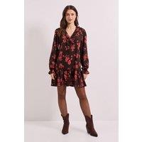 Dorothy Perkins Women's Burgundy Floral Tie Detail Frill Neck Blouson Sleeve Tiered Mini Dress | Size: 8