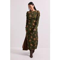 Dorothy Perkins Women's Petite Khaki Floral Keyhole Midi Dress | Size: 10