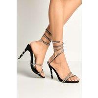 Miss Diva Women's Curly Diamante Embellished Spiral Ankle Strap Faux Suede Sandals in Black | Size: 6