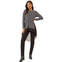 Roman Women's Spot Print Chiffon Hem Stretch Top in Black | Size: 14