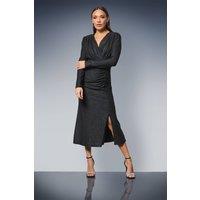 Principles Women's Ruched Front Wrap Neck Glitter Jersey Midi Dress in Black | Size: 10