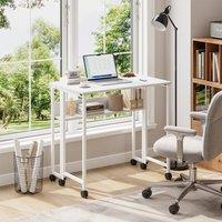 Dprodo Folding Computer Desk with Movable Wheels, Storage Shelf in White