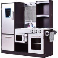 Gymax Pretend Wooden Kitchen Set Toy Kitchen Set With Toy Refrigerator in Dark Brown