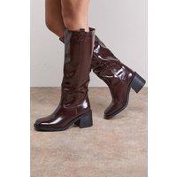 Oasis Women's Luna High Shine Faux Leather Gaucho Knee Boots in Burgundy | Size: 7
