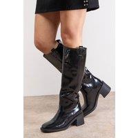 Oasis Women's Luna High Shine Faux Leather Gaucho Knee Boots in True Black | Size: 7