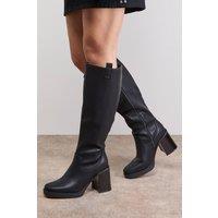 Oasis Women's Marina Faux Leather Round Toe Platform High Block Heel Knee Boot in Black | Size: 8