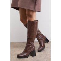 Oasis Women's Marina Faux Leather Round Toe Platform High Block Heel Knee Boot in Brown | Size: 5