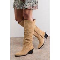 Oasis Women's Ruby Faux Nubuck Leather Western High Block Knee Boot in Beige | Size: 4