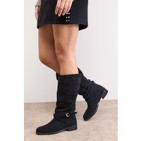 Oasis Women's Ava Faux Suede Mid-Calf Buckle Boots in Natural Black | Size: 8