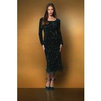 Coast Women's Sequin Party Long Sleeve Midi Dress With Feather Hem in Emerald | Size: 12