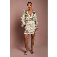 Coast Women's Petite Wrap Top Floral Embellished Mini Dress in Champagne | Size: 10