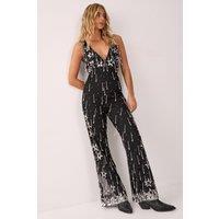 NastyGal Women's Star Sequin Pearl Droplet Plunge Jumpsuit in Black | Size: 10
