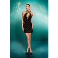 MissPap Women's Droplet Embellished High Neck Velvet Mini Dress in Black | Size: 10