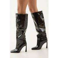 MissPap Women's Faux Patent High Flared Stiletto Heel Knee Boots in True Black | Size: 5