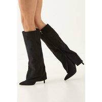 MissPap Women's Faux Suede Sleeve Pointed High Stiletto Heel Knee Boots in Natural Black | Size: 7