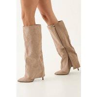 MissPap Women's Faux Leather Sleeve Pointed High Stiletto Heel Knee Boots in Beige | Size: 3