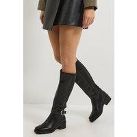 Dorothy Perkins Women's Melanie Faux Leather Buckle Detail Chunky Medium Block Heel Knee Boots in Black | Size: 3