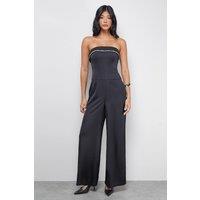 Warehouse Women's Gem Embellished Satin Bandeau Jumpsuit in Black | Size: 8