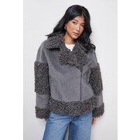 Warehouse Women's Fur Mix Zip Through Jacket in Grey | Size: 10