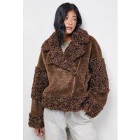 Warehouse Women's Fur Mix Zip Through Jacket in Chocolate | Size: 8