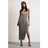 Warehouse Women's Hand Embellished Sequin Tassel Midi Dress in Gun Metal | Size: 14