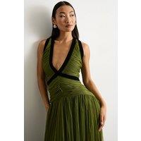 Warehouse Women's Petite Velvet Trim Tulle Maxi Dress in Green | Size: 6