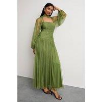 Warehouse Women's Bow Detail Gathered Tulle Maxi Dress with Open Neck in Green | Size: 10