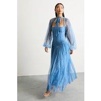 Warehouse Women's Petite Bow Detail Gathered Tulle Maxi Dress with Open Neck in Blue | Size: 12