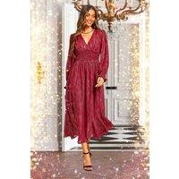 FS Collection Women's Gold Stripe Foil V-Neckline Long Sleeve Dress In Wine | Size: XS