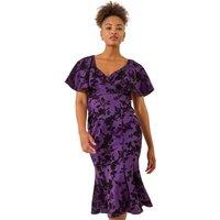 Roman Women's Glitter Floral Flocked Flutter Dress in Purple | Size: 14