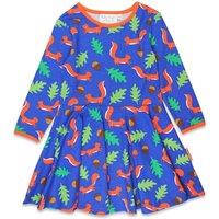 Toby Tiger Squirrel Print Long-Sleeved Skater Dress in Blue | Size: 3-4 Years