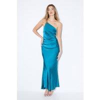 MissPap Women's Satin Asymmetric Strap Pleated Waist Low Back Maxi Bridesmaid Dress in Teal | Size: 10