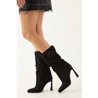 MissPap Women's Faux Suede Ruched Square Toe High Flared Stiletto Calf Boots in Natural Black | Size: 7