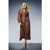 Dorothy Perkins Women's Jacquard Ruffle Wrap Long Sleeve Midi Dress in Chocolate | Size: 8