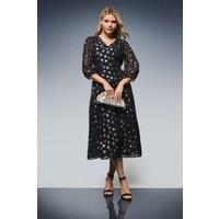 Dorothy Perkins Women's DP Luxe Star Jacquard V Neck Blouson Sleeve Midi Dress in Black | Size: 8