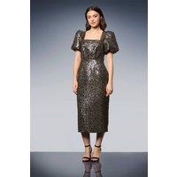 Dorothy Perkins Women's DP Luxe Metallic Jacquard Puff Sleeve Midi Dress in Gold | Size: 12