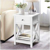 55.5cm Height Wooden Side Table with Dual Drawers & Storage Shelf in White