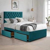 Bed Time UK Plush Bed with Mattress, 2 Drawers & 20 Chesterfield Headboard in Green | Size: Single