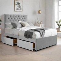 Bed Time UK Plush Bed with Mattress, 2 Drawers & 20 Chesterfield Headboard in Silver | Size: Single