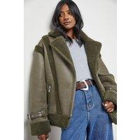 Warehouse Women's Wool Lined Shearling Biker Jacket in Khaki | Size: 8