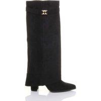 AJVANI Women's High Block Heel Pointed Toe Fold Over Knee Boots in True Black | Size: 3