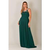 KRISP Women's Diamante Neck Chiffon Maxi Dress in Dark Green | Size: 8