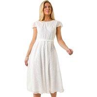 Roman Women's Petite Jacquard Gathered Neck Dress in White | Size: 14