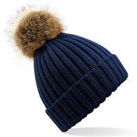 Beechfield Men's Pom Pom Faux Fur Chunky Knit Beanie in Navy