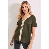 Dorothy Perkins Women's V Neck Short Sleeve Sequin T-Shirt in Khaki | Size: 8