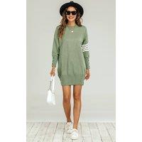 FS Collection Women's Wool Knitted Tunic Jumper Dress With White Stripe in Olive