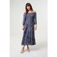 Blue Vanilla Women's Shirred Waist Navy Three Quarter Sleeve Slip On Bardot Maxi Dress | Size: Small