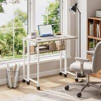 Dprodo Folding Computer Desk with Movable Wheels, Storage Shelf in Light Oak
